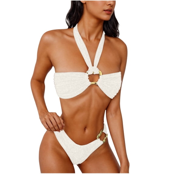 Staron Women's Bikini Sets Solid Color Tube Top Adjustable Halter Backless Swimsuit Two Piece High Cut Bathing Suit for Beach Vacation Pool Party, White S