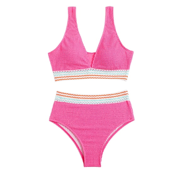 Staron Women's Bikini Swimsuit High Waist V Neck Two Piece Bathing Suit Solid Color Stitching Casual Beach Vacation Pool Party, Pink S