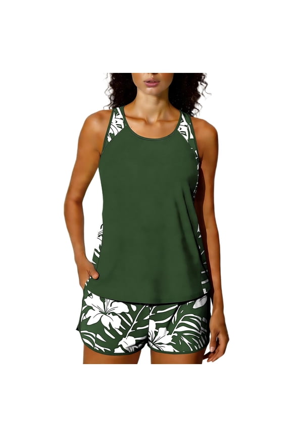 Women's Bikini Swimsuit Off-Shoulder Backless Hawaiian Floral Print Two Piece Set with Removable Padded Bra High Cut Bottoms Beach Vacation Swimwear, Army Green XXL