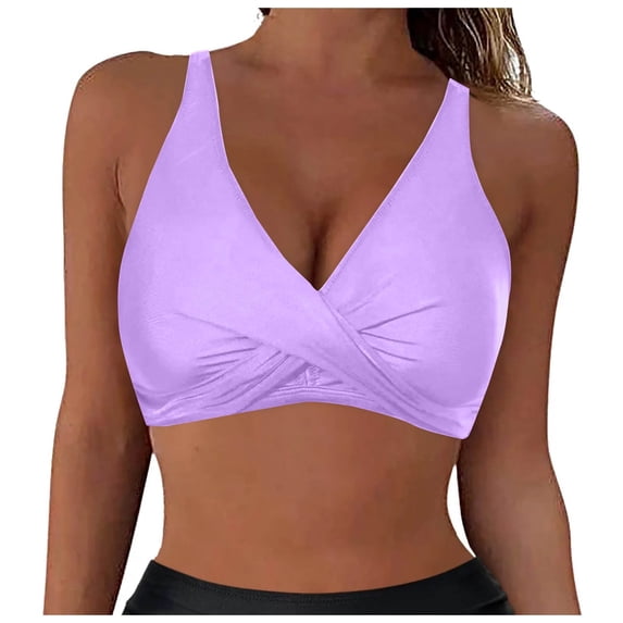 Staron Women's Bikini Swimsuit Push-Up Padded Cross Back Halter Top High Cut Bikini Top for Beach Vacation Pool, Purple M