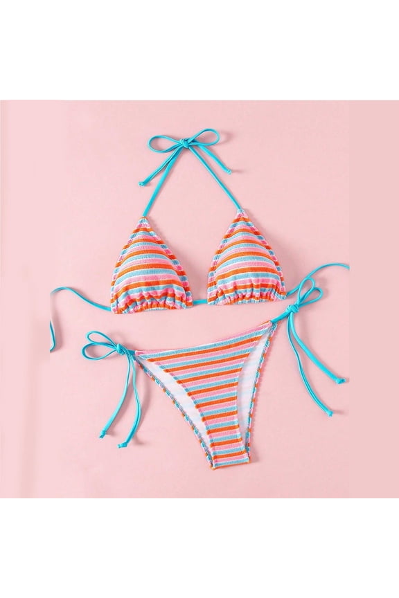 Women's Bikini Swimsuit Striped Lace High Cut Three Point Pull-On Closure Removable Padded Bras Vacation Beach Pool Party, Light Blue S