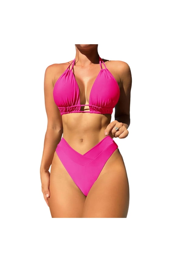 Women's Bikini Swimsuit V-Neck Triangle Top High Waist Bottom Two Piece Set with Removable Padded Bra for Beach Vacation Pool Party, Hot Pink M