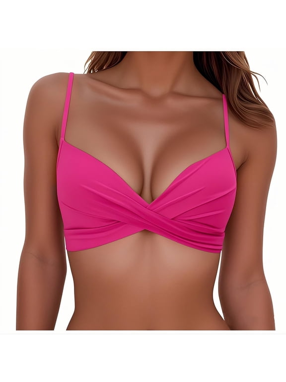 Women's Bikini Top Swimsuit Push Up Hard Cup Solid Color Split Casual Beach Vacation Pool Party, Hot Pink M