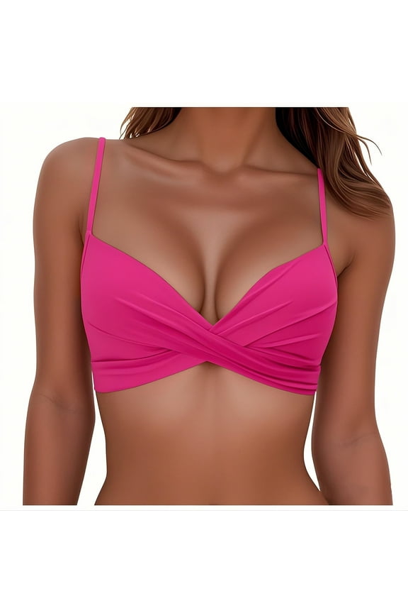 Women's Bikini Top Swimsuit Push Up Hard Cup Solid Color Split Casual Beach Vacation Pool Party, Hot Pink S