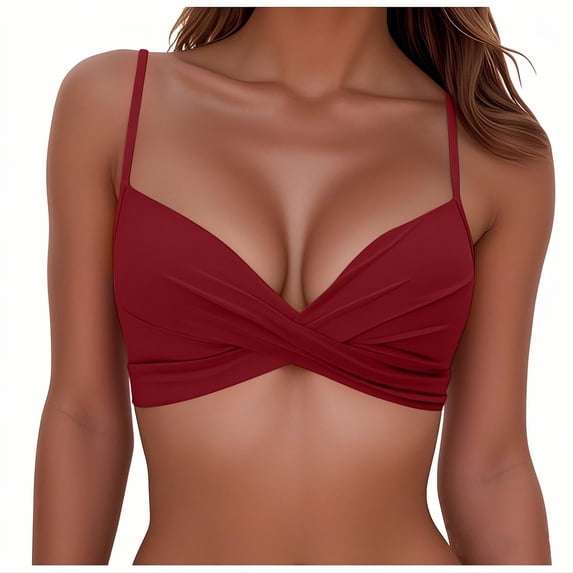 Staron Women's Bikini Top Swimsuit Push Up Hard Cup Solid Color Split Casual Beach Vacation Pool Party, Wine L