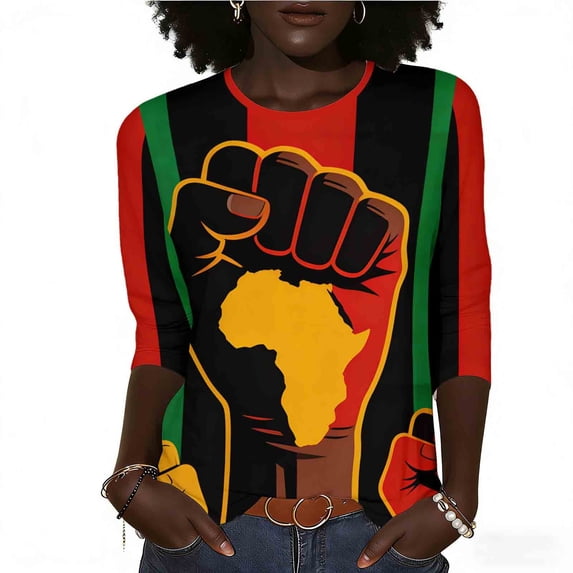 Staron Women's Black History Month Printed Round Neck Casual 3/4 Sleeve Tops Blouses Loose Summer Shirts Trendy Fashion T-Shirt, Red L