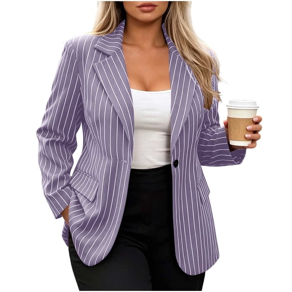Staron Women's Blazer Casual Striped Suit Jacket Lightweight Slim Fit Long Sleeve Notched Collar Office Work Business Fashion Coat Purple M