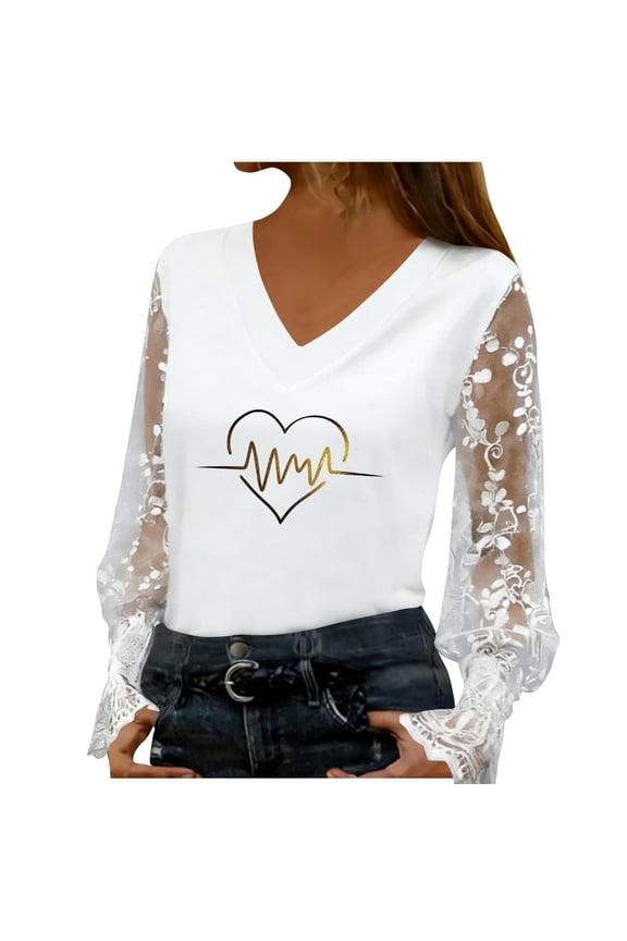 Women's Blouse Romantic Lace Insert V-Neck Floral Print Long Sheer Sleeves Casual Boho Elegant Top, White M
