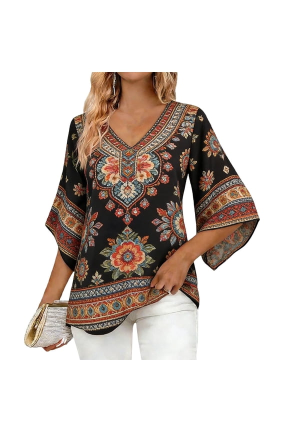 Women's Bohemian Blouse Floral Print V Neck 3/4 Sleeve Loose A-Line Casual Elegant Vacation Top, Black L