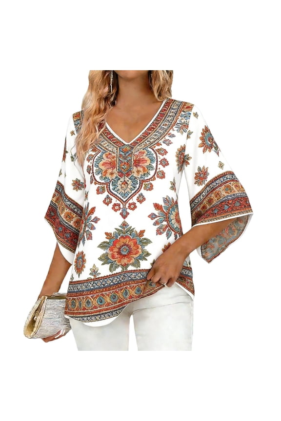 Women's Bohemian Blouse Floral Print V Neck 3/4 Sleeve Loose A-Line Casual Elegant Vacation Top, White M