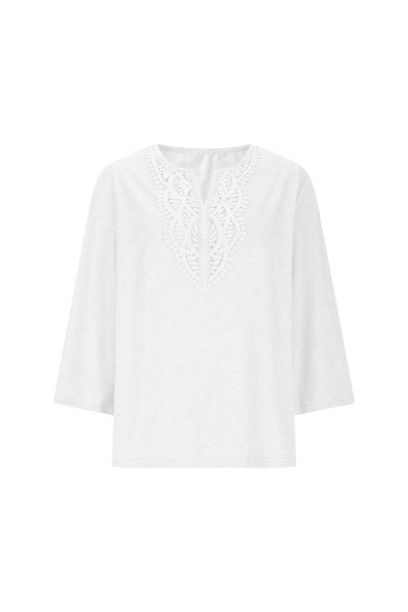 Women's Boho Blouse 3/4 Sleeve V-Neck Lace Shirt Casual Vacation Top Fashion Pullover Shirt, White XL