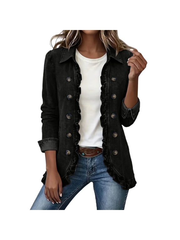 Women's Boho Cardigan Vintage Ruffle Collared Long Sleeve Button Down Loose Casual Lightweight Spring Summer Fall Streetwear Jacket Black S