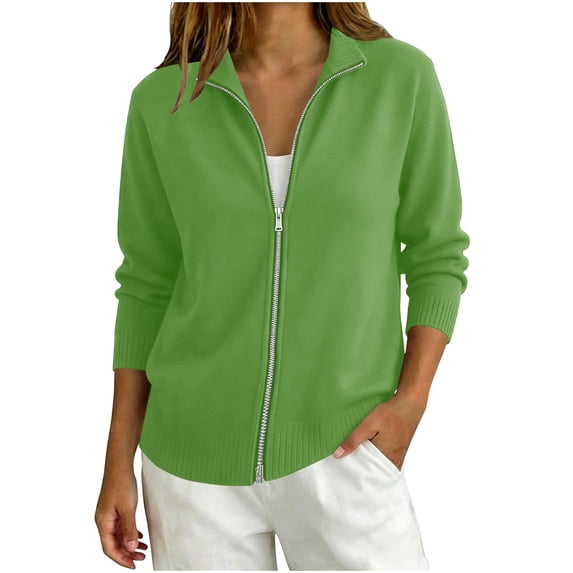 Staron Women's Cardigan Zip Knitted Long Sleeve Solid Casual Basic Comfy Lightweight Crewneck Loose Fall Winter Spring Sweater, Green L