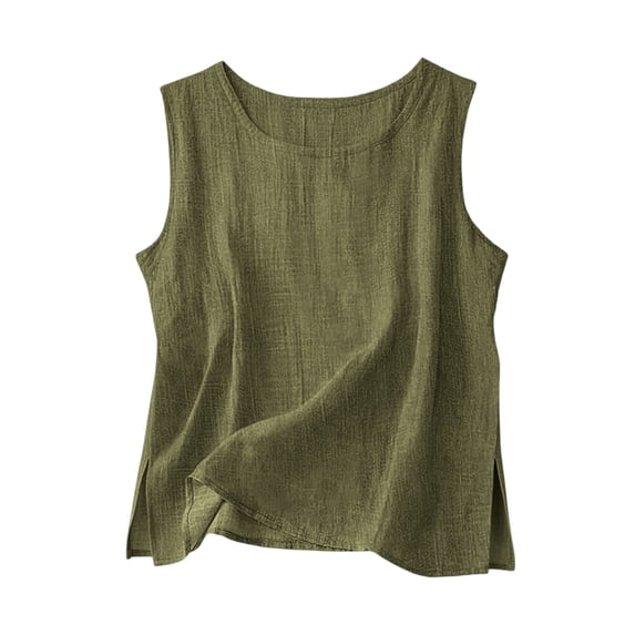 Staron Women's Casual Blouse Solid Color Split Hem Round Neck Loose Sleeveless Tank Top, Army Green XXL
