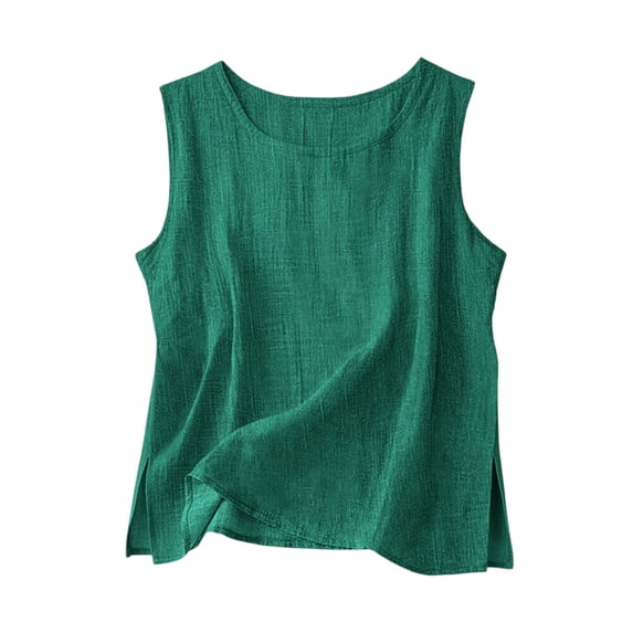 Staron Women's Casual Blouse Solid Color Split Hem Round Neck Loose Sleeveless Tank Top, Green XL