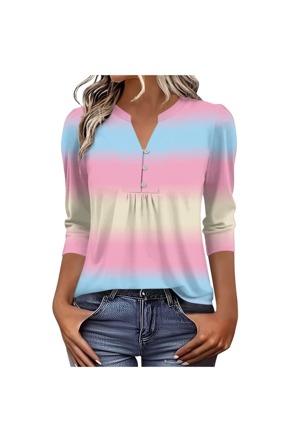 Women's Casual Button-Down Ombre V-Neck 3/4 Sleeve Blouse Loose Fit Tunic Top, Pink XXL