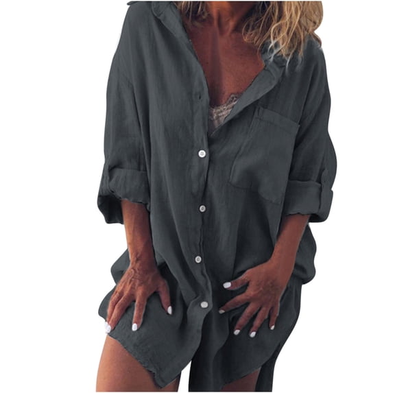 Staron Women's Casual Button-Down Shirt Stand Collar Drop Shoulder Loose Fit Short Sleeve Tops Blouse, Gray M