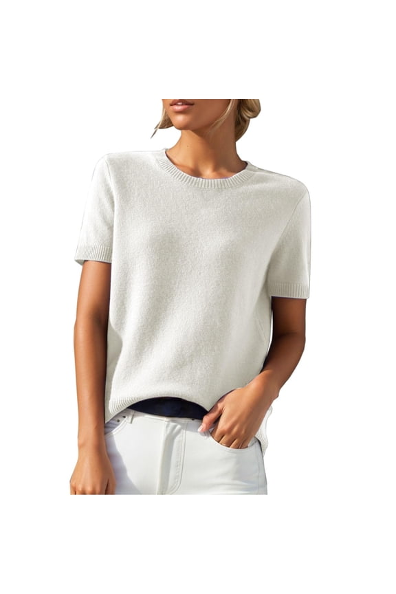Women's Casual Crew Neck Short Sleeve Blouses Soft Cotton Linen Solid Color Loose Fit Tunic Tops, White S
