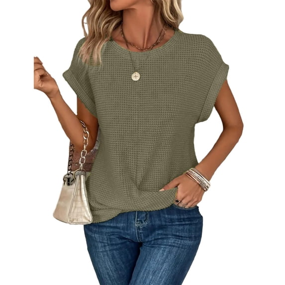 Staron Women's Casual Crew Neck Short Sleeve Knit Top Loose Fit Side Detail Basic Relaxed Comfy Blouse, Army Green XL