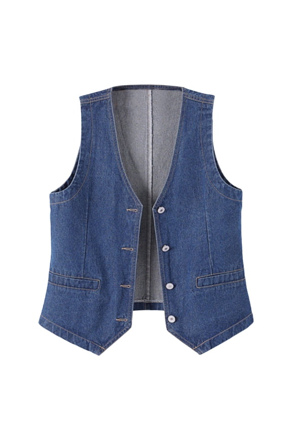 Women's Casual Denim Vest Button Down Collar Sleeveless Slim Tank Waistcoat Jacket, Dark Blue XXL