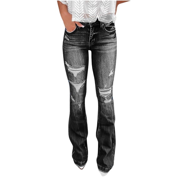 Staron Women's Casual Distressed Jeans Ripped Denim Pants Solid Color Loose Fit with Pockets, Black XXL
