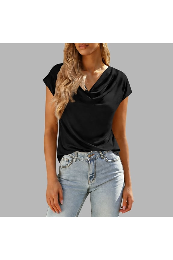 Women's Casual Draped Cowl Neck Top Short Sleeve Relaxed V Neck Blouse Soft Stretch Knit Shirt, Black M