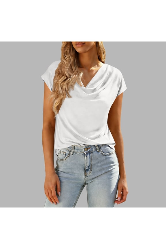 Women's Casual Draped Cowl Neck Top Short Sleeve Relaxed V Neck Blouse Soft Stretch Knit Shirt, White M
