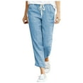 thumbnail image 1 of Staron Women's Casual Drawstring Elastic Waist Cotton Linen Ankle-Length Pants with Pockets Solid Basic Comfy Relaxed Loose Fit Trousers, Blue 5XL, 1 of 4
