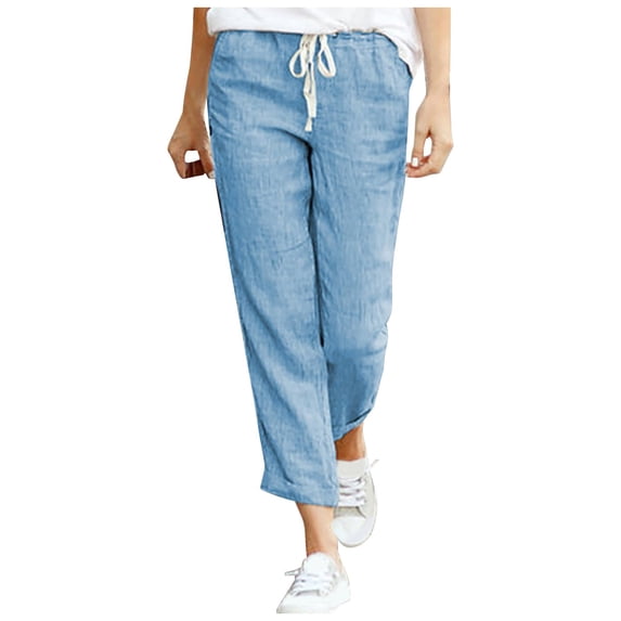 Staron Women's Casual Drawstring Elastic Waist Cotton Linen Ankle-Length Pants with Pockets Solid Basic Comfy Relaxed Loose Fit Trousers, Blue 5XL