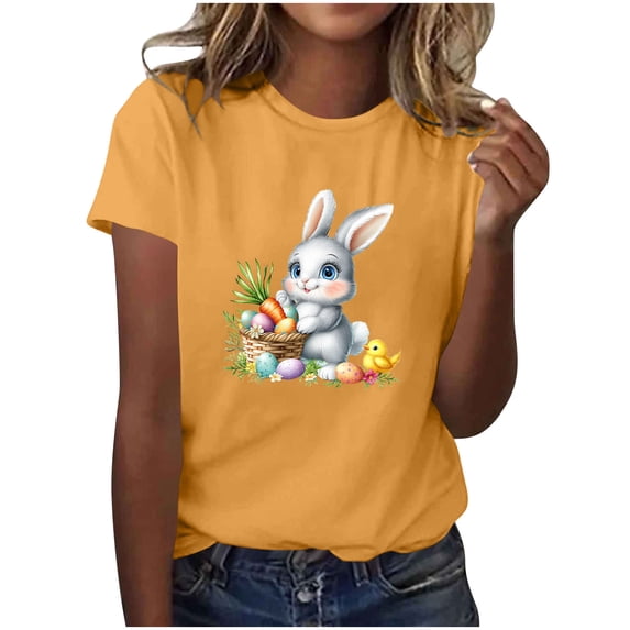 Staron Women's Casual Easter Print T-Shirt Vintage Humor Graphic Crewneck Short Sleeve Spring Summer Top, Yellow M