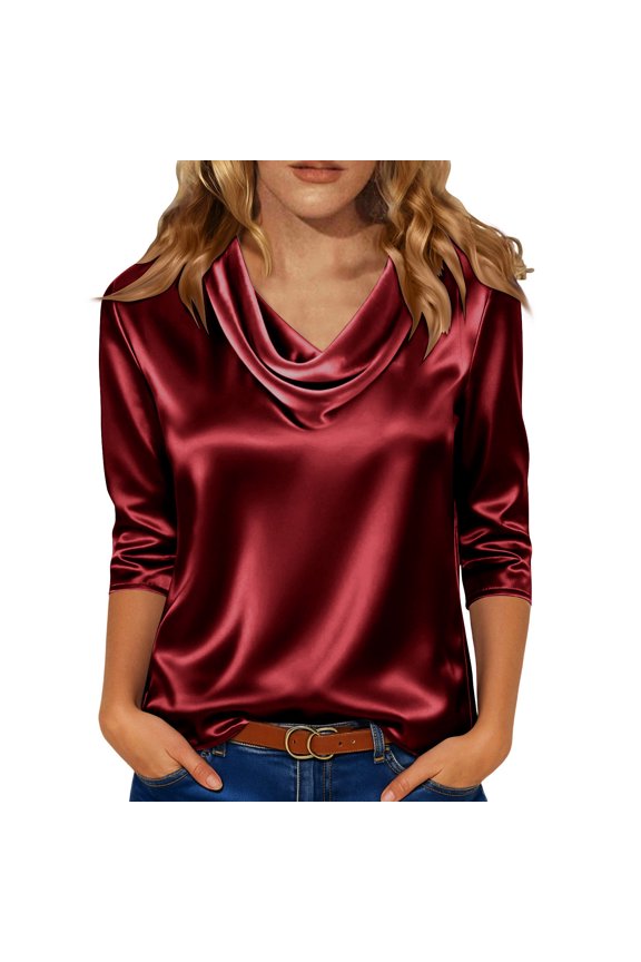 Women's Casual Elegant Draped Neckline Pleated Collar Satin 3/4 Sleeve Shirt Top Blouse, Red M
