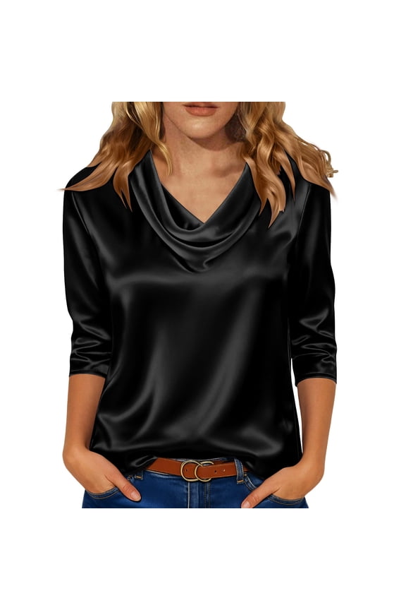 Women's Casual Fashion Shirts Elegant Draped Neckline Pleated Collar Satin Three-Quarter Sleeve Blouse Top, Black M