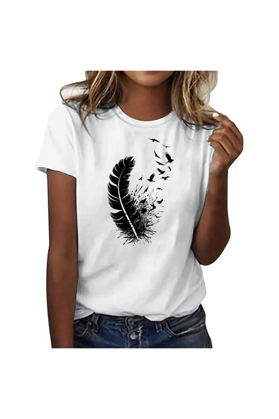 Women's Casual Feather Print Round Neck Short Sleeve Top Fashion Printed Shirt Spring Summer Vacation Party, White XXL