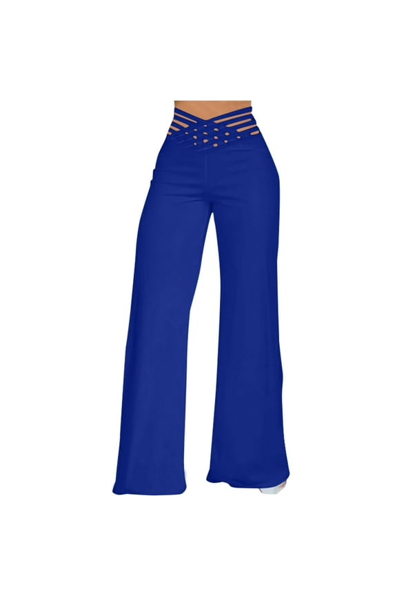 Women's Casual High Waisted Flare Leggings Hollow Out Belted Wide Leg Pants, Blue XXL