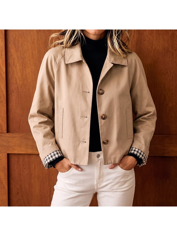Women's Casual Jacket Lightweight Basic Collared Long Sleeve Solid Plaid Cuff Slim Fall Spring Coat, Khaki XS