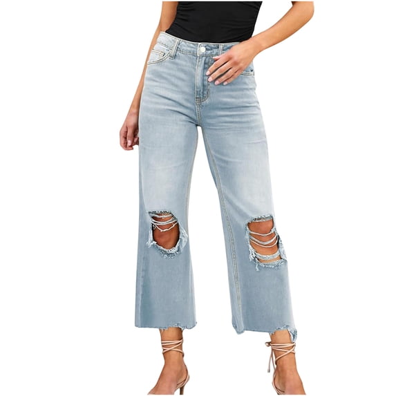 Staron Women's Casual Jeans Ripped Straight Leg Loose Fit Washed Denim Pants with Elastic Waist, Light Blue L
