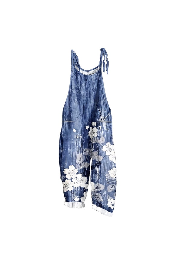 Women's Casual Jumpsuit Overalls Sleeveless Print Two Pocket Loose Comfy Romper Pants, Blue 3XL
