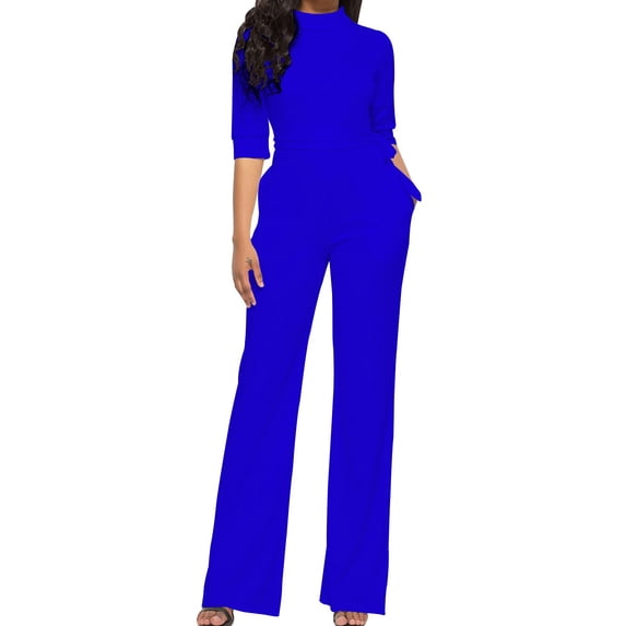 Staron Women's Casual Jumpsuit Pants Fashionable Solid Color Comfortable Standing Collar Wide Leg Sleeveless All Season Loose Fit, Blue XL