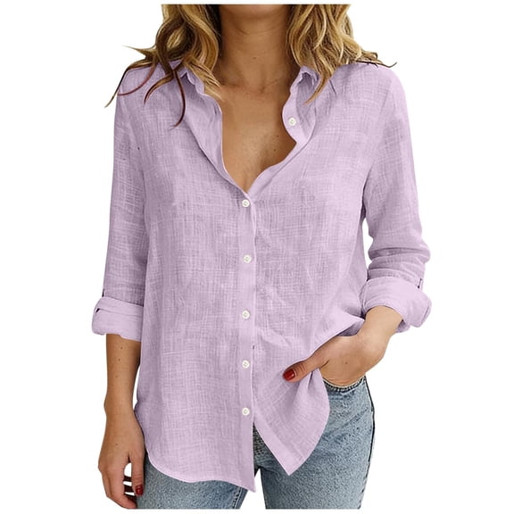 Staron Women's Casual Linen Button-Down Short Sleeve Blouse Shirt Relaxed Oversized Boho Top, Purple S