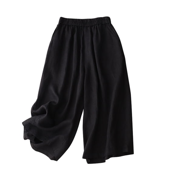 Staron Women's Casual Linen Cotton Pants Elastic Waist Drawstring Solid Color Straight Leg Capri Trousers, Black XXL