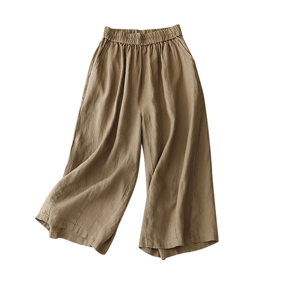 Staron Women's Casual Linen Cotton Pants Elastic Waist Drawstring Solid Color Straight Leg Capri Trousers, Khaki XL