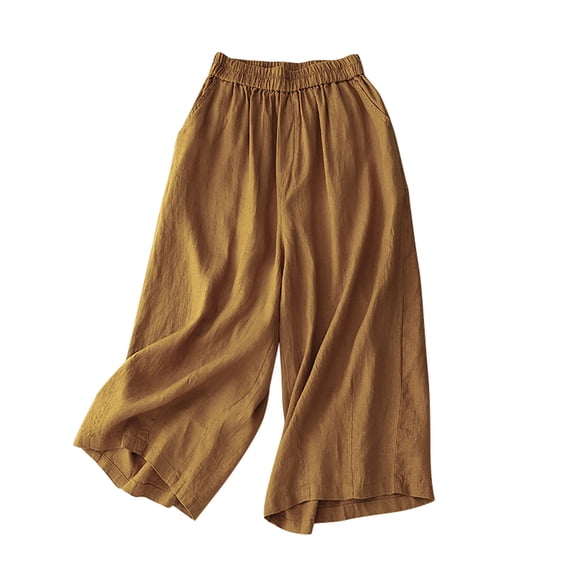 Staron Women's Casual Linen Cotton Pants Elastic Waist Drawstring Solid Color Straight Leg Capri Trousers, Yellow M