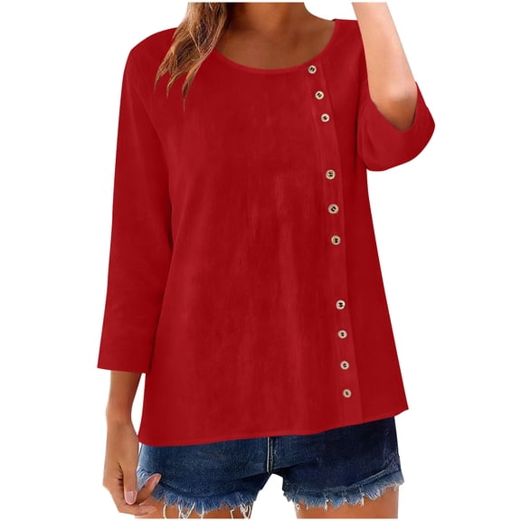 Staron Women's Casual Linen Shirt Vintage Round Neck Short Sleeve Loose Blouse Tops with Decorative Buttons, Red S