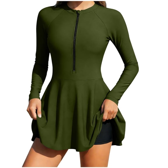Staron Women's Casual Long Sleeve Jumpsuit Swimsuit Set Split Neck Half Zipper Surfing Suit with Padded Top and Swim Bottoms, Green S