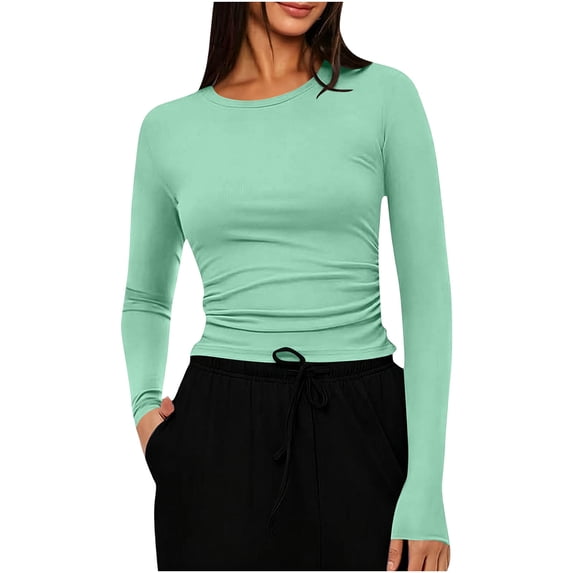 Staron Women's Casual Long Sleeve T Shirts Round Neck Slim Fit Basic Pullover Tops Basic Tees Fall Fashion Tops Green L