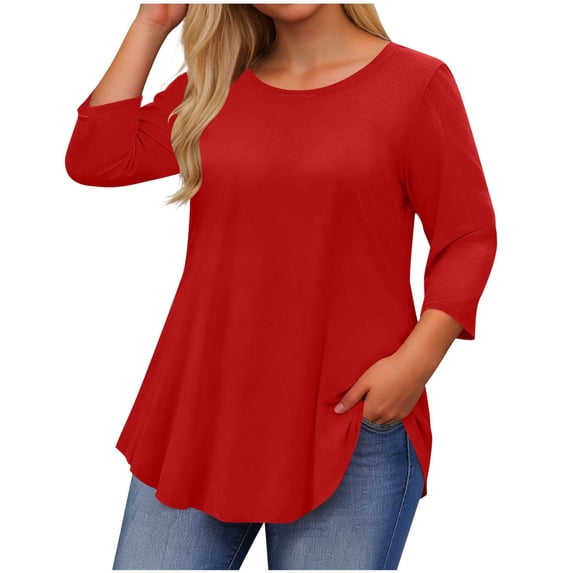 Staron Women's Casual Loose 3/4 Sleeve T-Shirt Round Neck Plus Size Top Basic Comfy Relaxed Blouse, Red 3XL