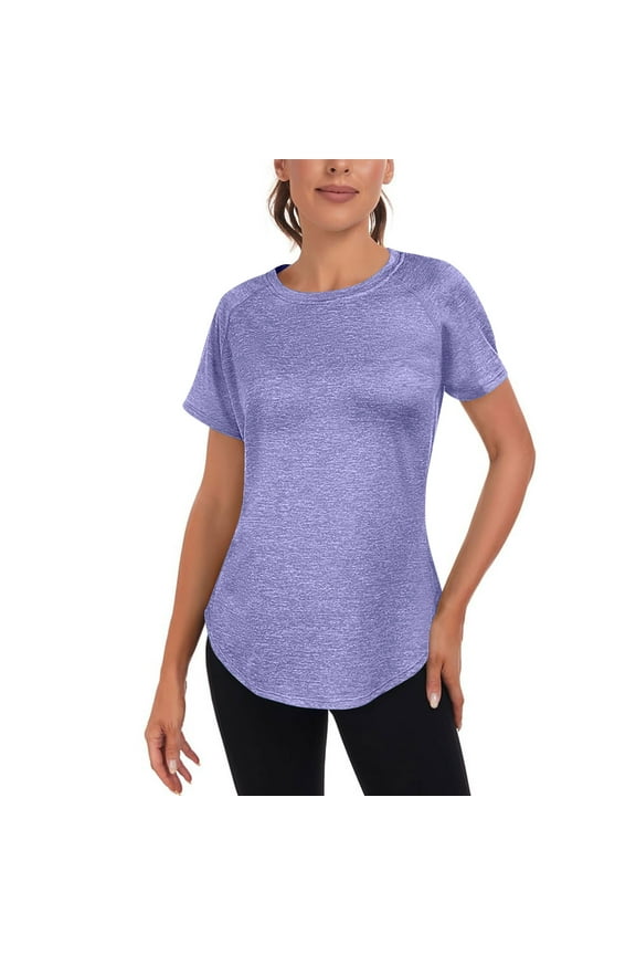 Women's Casual Loose Fit Short Sleeve Round Neck T-Shirt Top with Sequins Mesh Panels Hem Curved Hem Blouse, Purple XXL