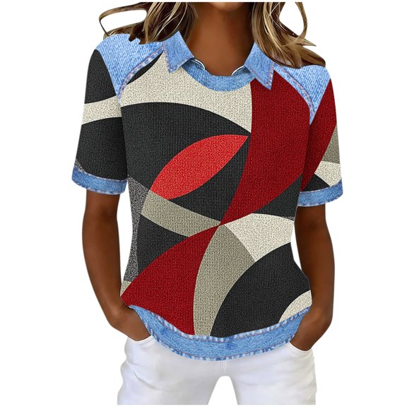 Staron Women's Casual Loose Lapel Tops Short Sleeve Round Neck Blouse Spring Summer Fashion Comfy Relaxed Basic T Shirt, Wine S