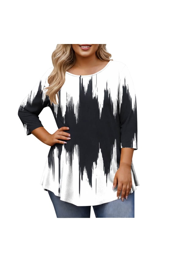 Women's Casual Loose Printed 3/4 Sleeve T-Shirt Round Neck Plus Size Top Fashion Comfy Spring Summer Blouse, Black XXL