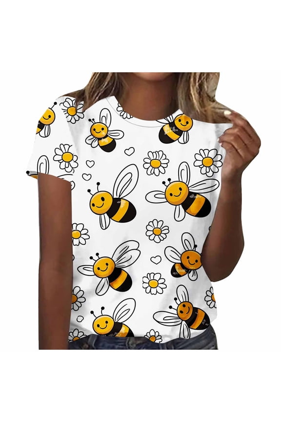 Women's Casual Loose Printed T-Shirt Bee Festival Graphic Round Neck Short Sleeve Top, White XXL